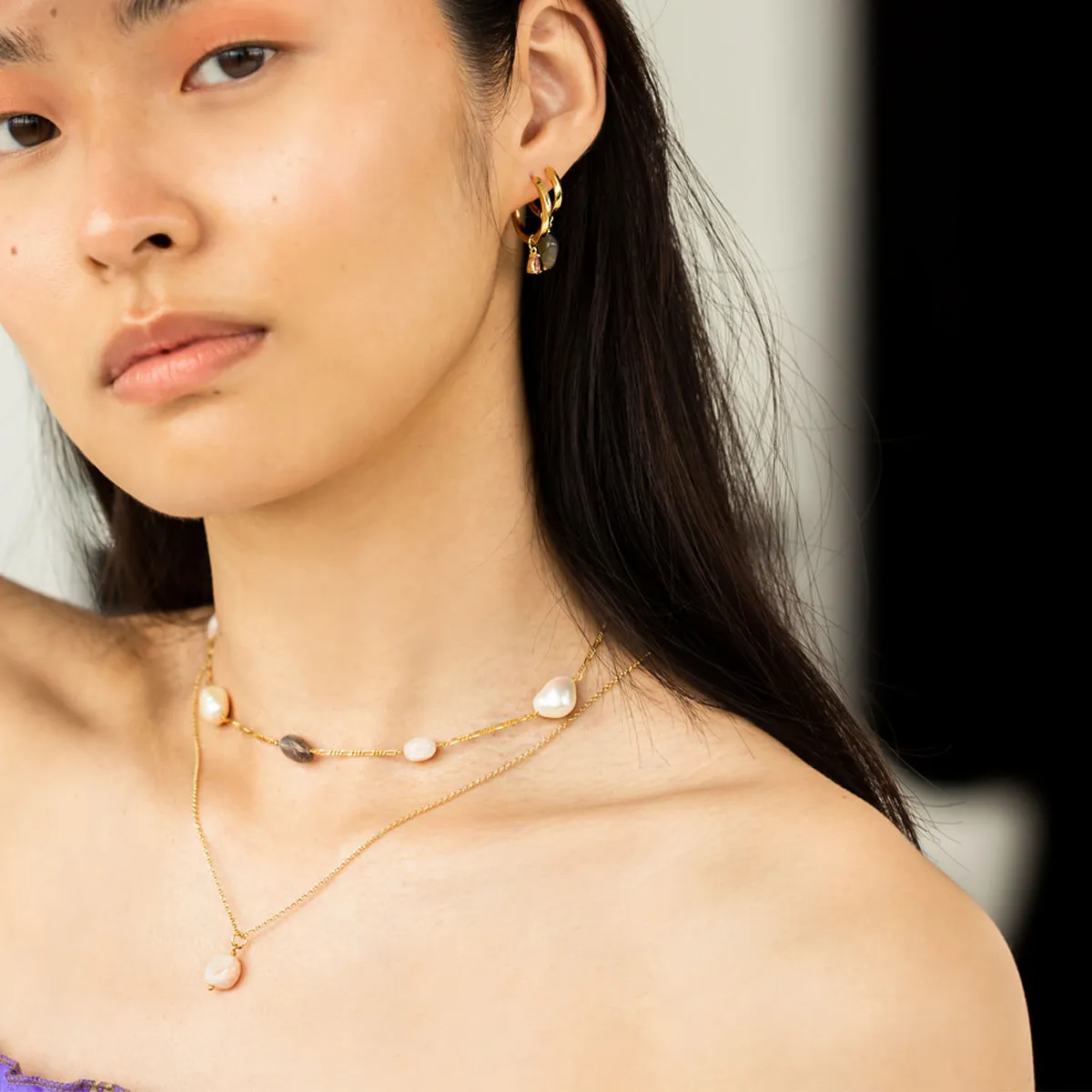 Valentine 18K Gold Plated Necklace w. Pearls, Morganite & Laboradorite