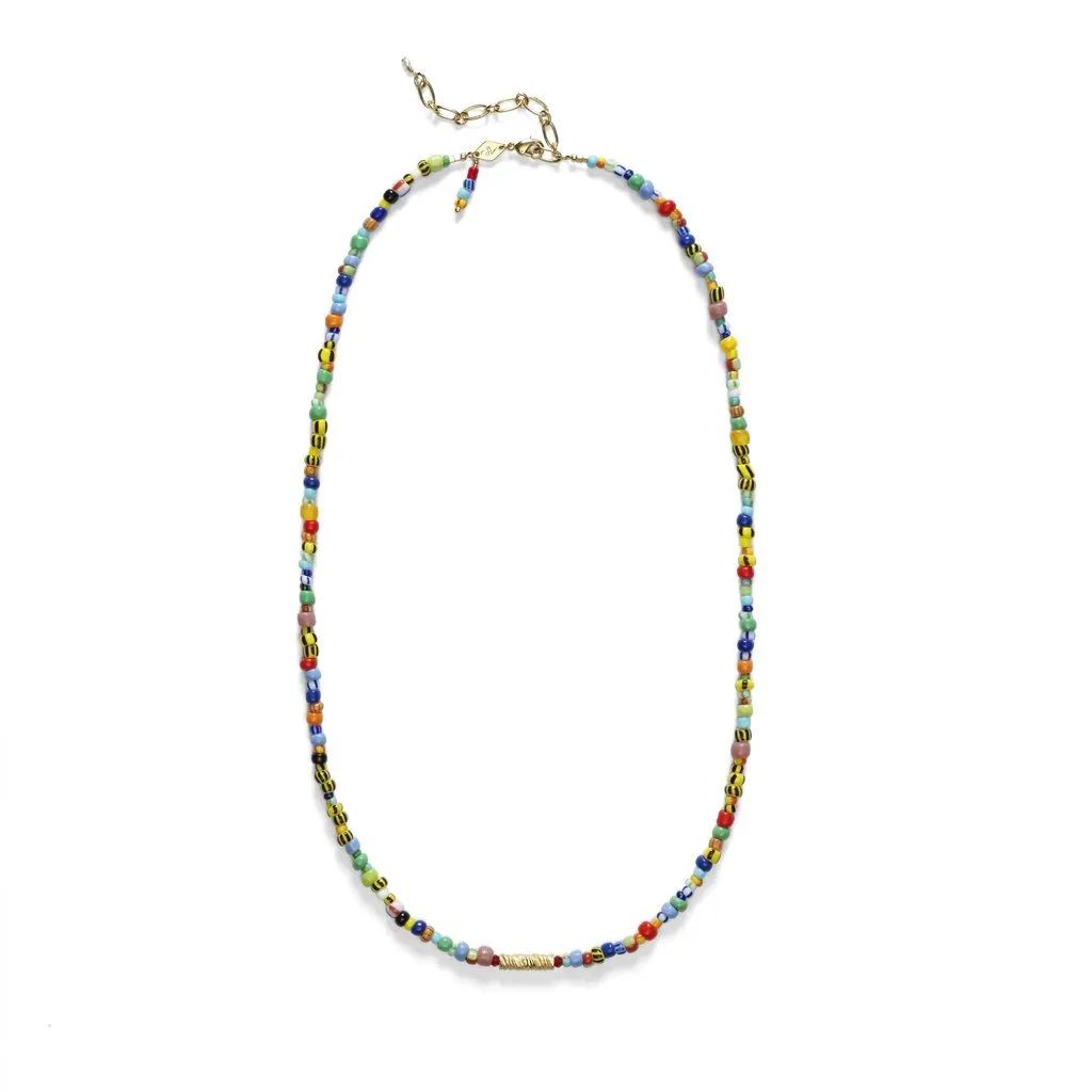Wavy Gold Plated Necklace w. Mixed coloured Beads