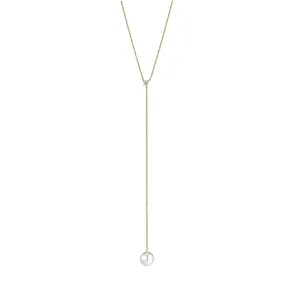 Y 18K Gold Necklace w. Diamond & Freshwater Pearl